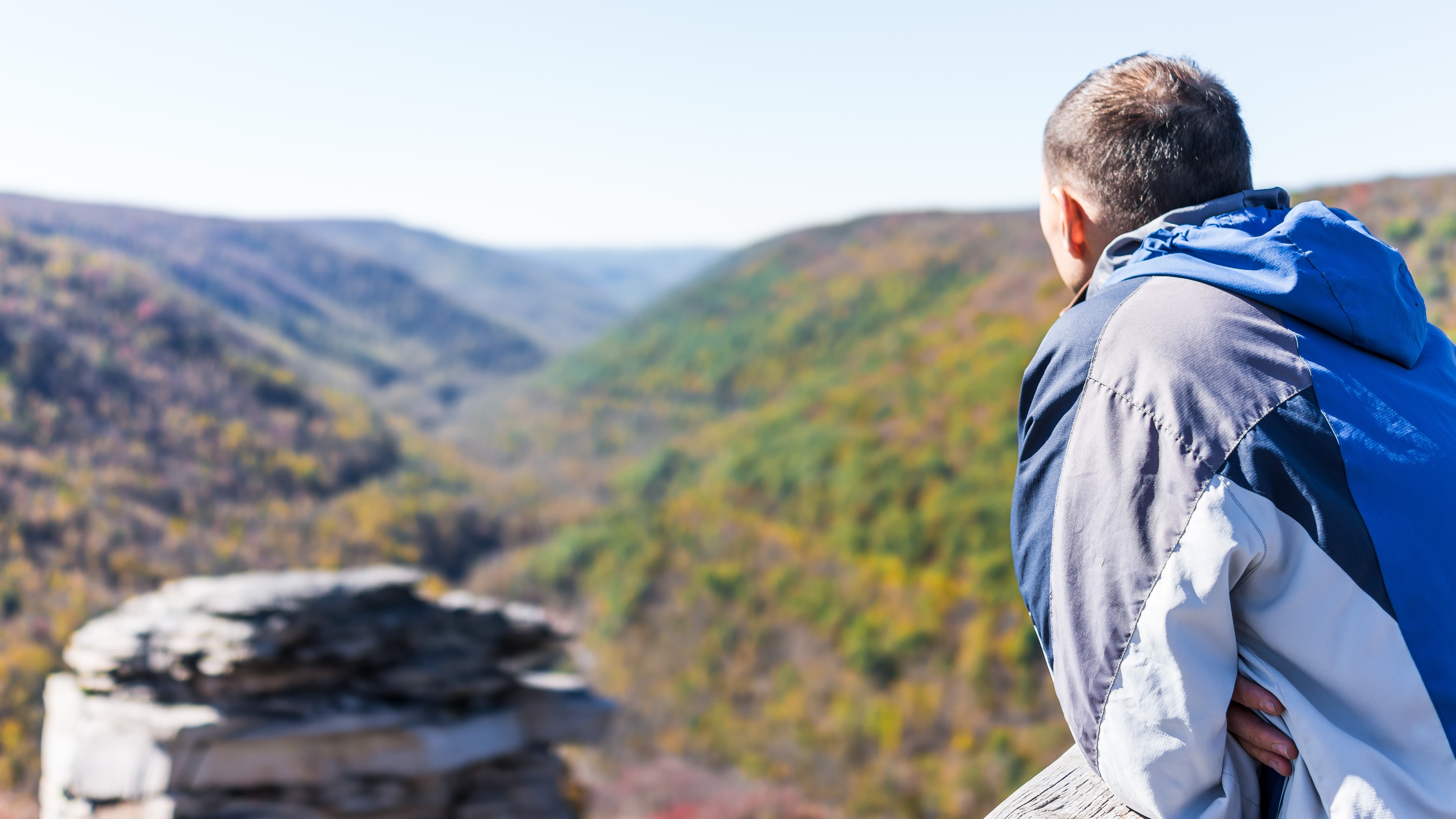 숲을 내려다보는 남성